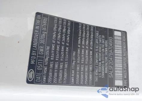 2011 Land Rover Range Rover Sport Hse из США, поврежденный, VIN SALSF2D47BA704993